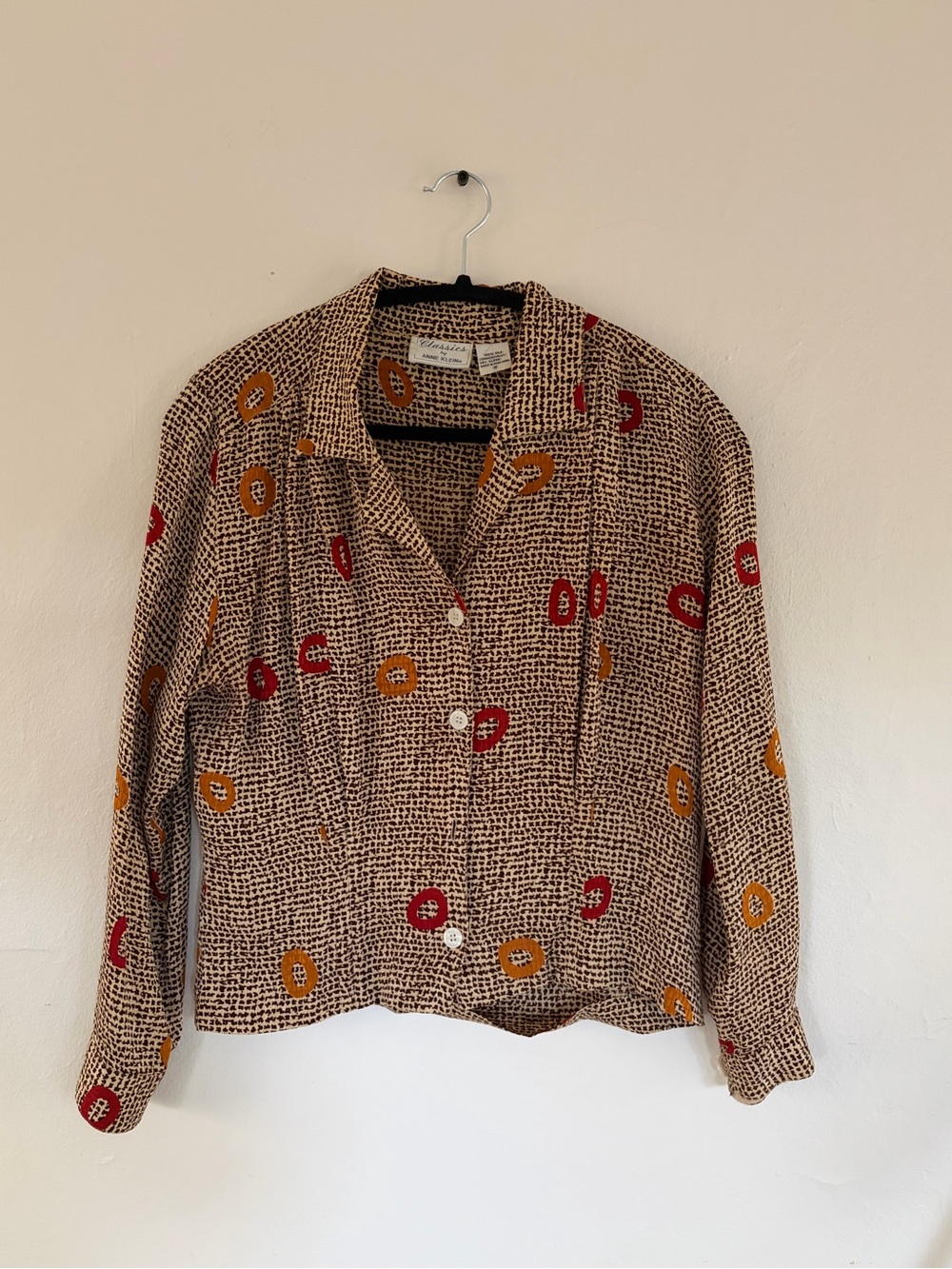 Anne Klein Beige Button-Down silk Blouse with Red & Mustard Dot Print Small 90s